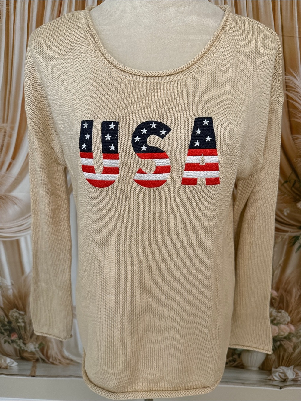 Marled Cream Sweater with USA Flag Graphic